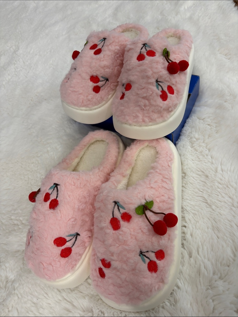 Pink Fuzzy Cherry Slip-On Slippers (2-Parts),Size 9.
